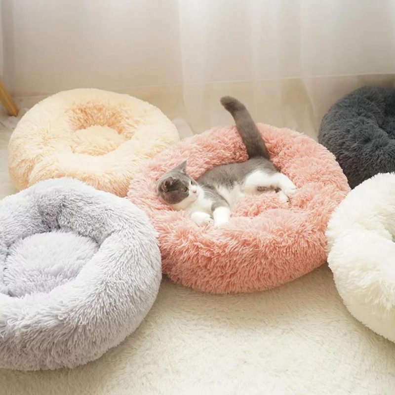 Round Cat Bed Super Soft Long Plush Dog Kennel Mat Puppy Round Cushion Portable Cats Winter Warm Bed