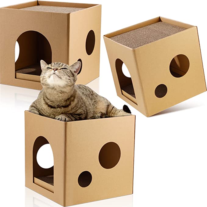 Cat Cardboard House Cat Scratcher House with 2  Scratch Pads 11.8'' Cat Play House for Indoor DIY Corrugated Scratcher Box