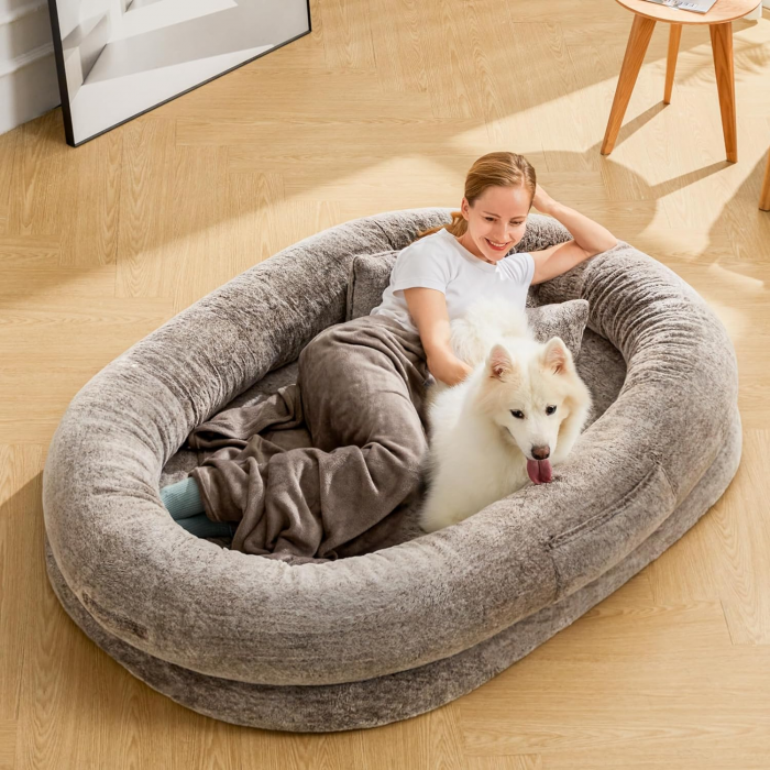 Human Dog Bed，Dog Beds for Humans Size Fits You and Pets, Washable Faux Fur Human Dog Bed for People Doze Off, Napping, Large Orthopedic Dog Bed