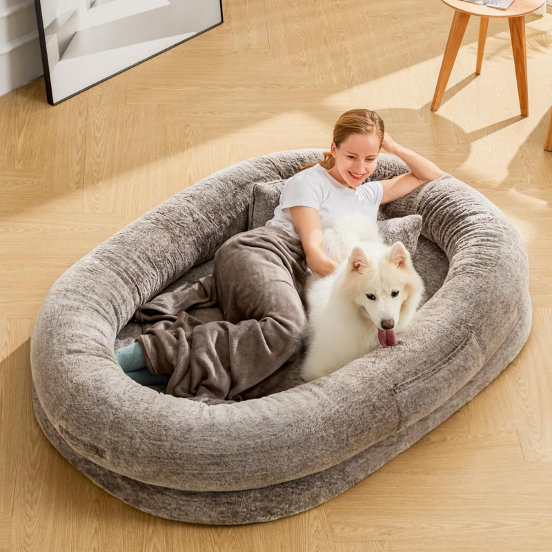 Human Dog Bed，Dog Beds for Humans Size Fits You and Pets, Washable Faux Fur Human Dog Bed for People Doze Off, Napping, Large Orthopedic Dog Bed