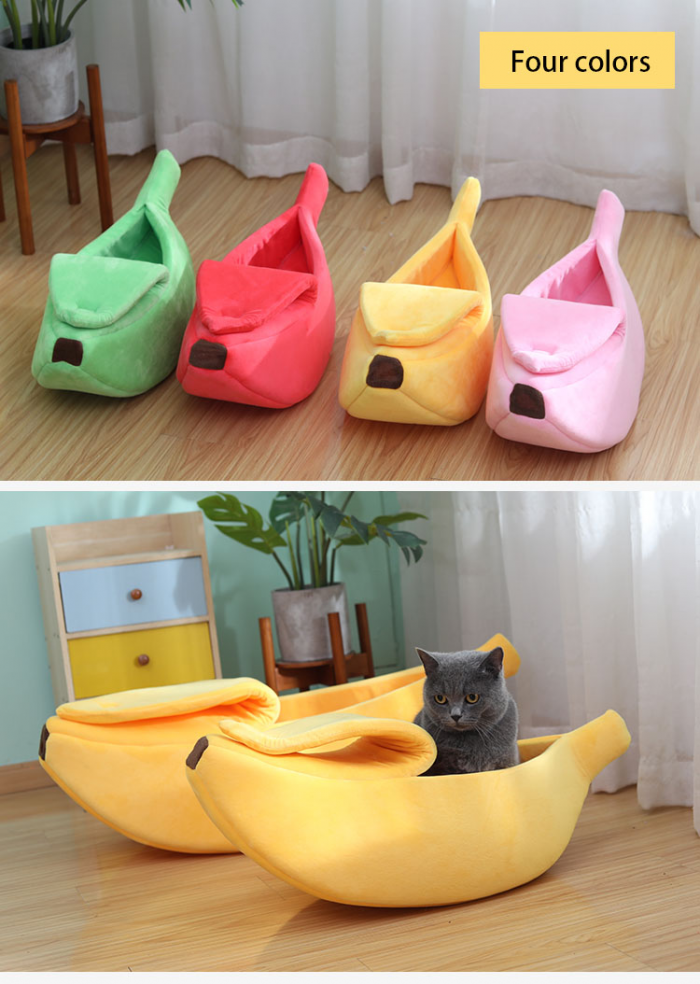 Dog Banana Bed, Soft Cat Banana Bed with Lid, Banana Shape Cat Nest - Image 2