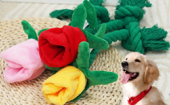 Interactive Stuffed Dog Chew Toy for Small and Medium Dogs Plush Squeak Toy Rose Flower Reducing Boredom & Anxiety