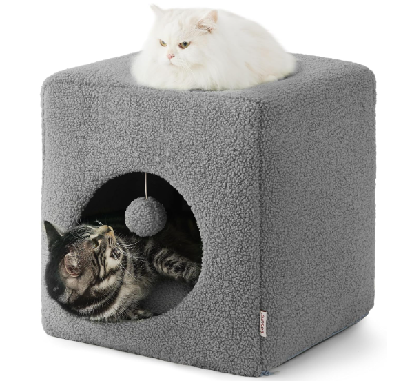 Fluffy Large Cat House for Kitten and Small Pet, Enclosed Cat Cave with Removable Washable Sherpa Cover, Cute Cat Hideaway with Non-Slip Bottom